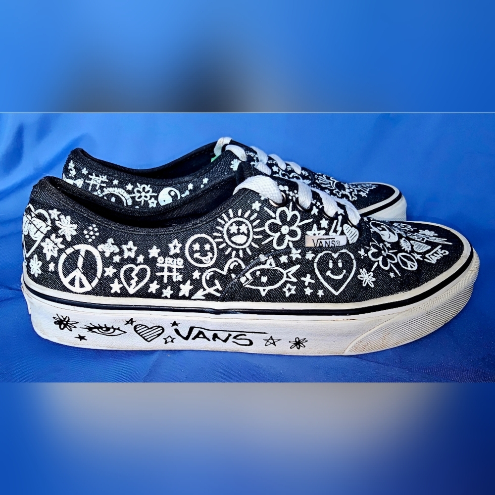 Vans Graffiti Doodle Peace Love Black Cat Skater Sneakers Shoes Women 6.5 Men 5